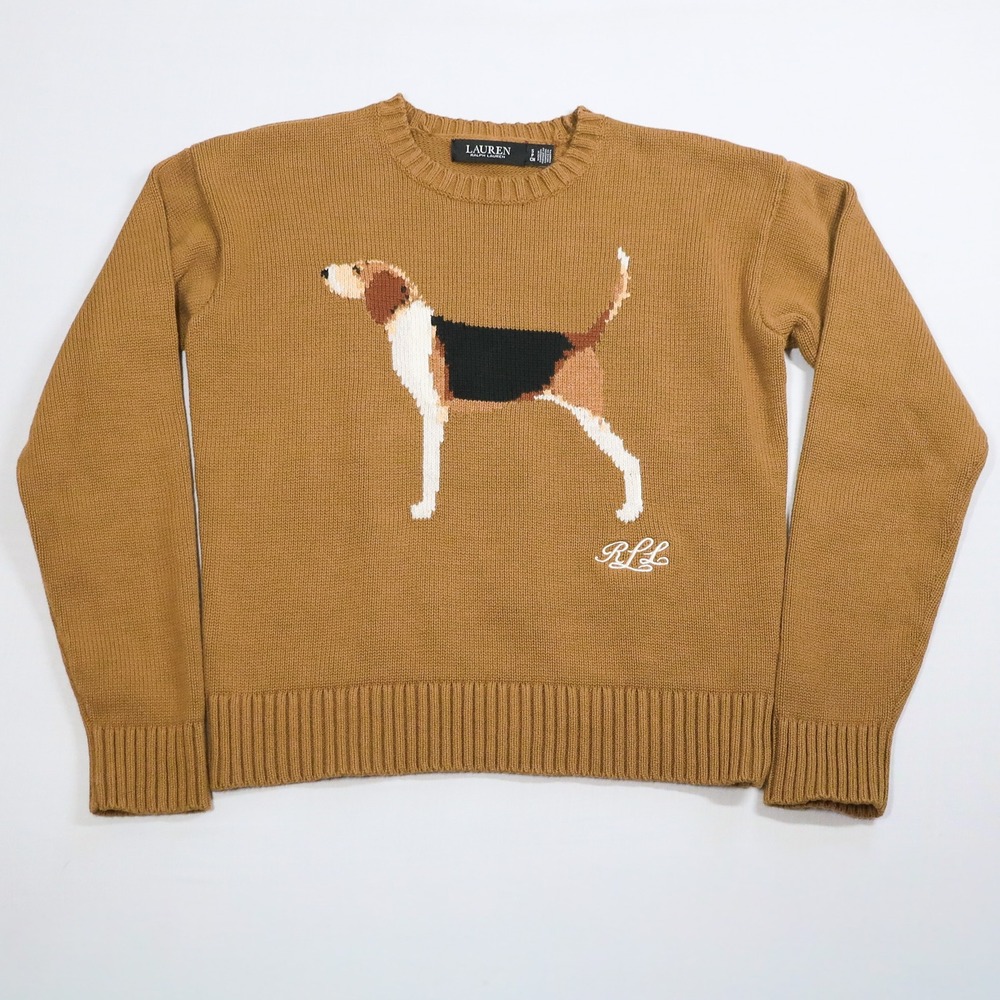 Lauren Ralph Lauren Sweater Women S Brown Beagle Foxhound Dog Intarsia Crew Knit